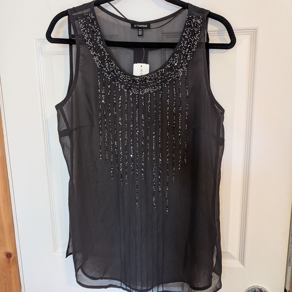 Le Chateau Black Sleeveless Sheer Top with Embellishments